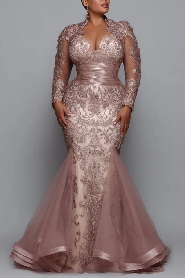 Elegant Long Sleeves Mermaid Formal Dresses with Lace Applique