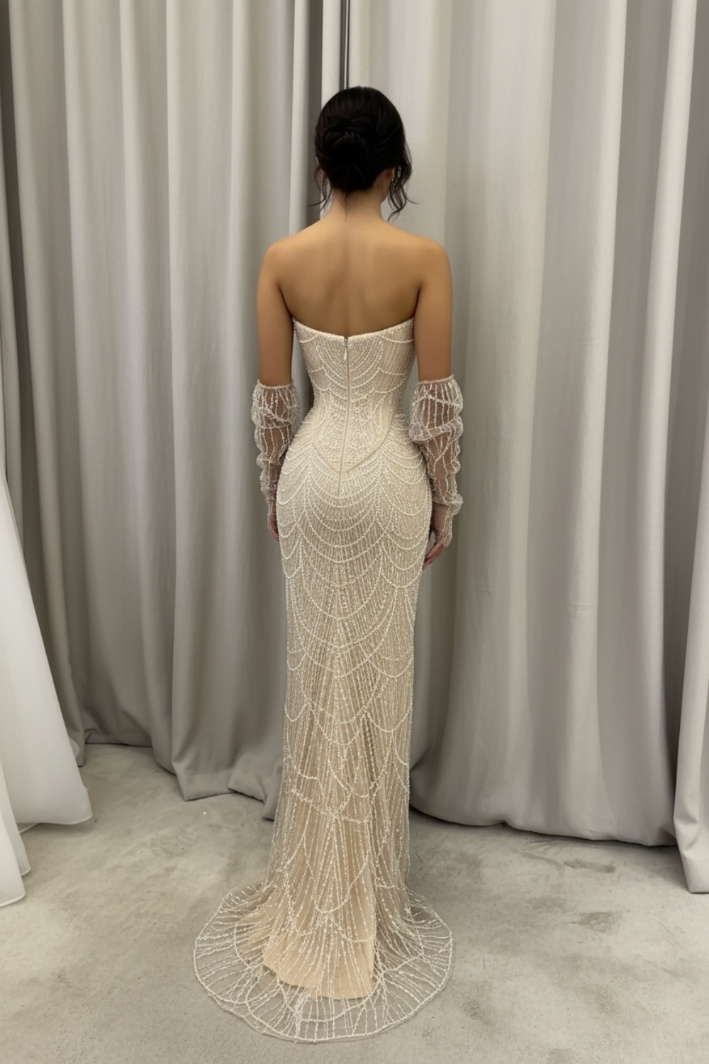 Elegant Long Strapless Mermaid Beaded Prom Dress