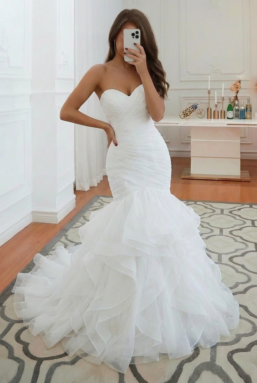Elegant Long Sweetheart Mermaid Tulle Wedding Dress