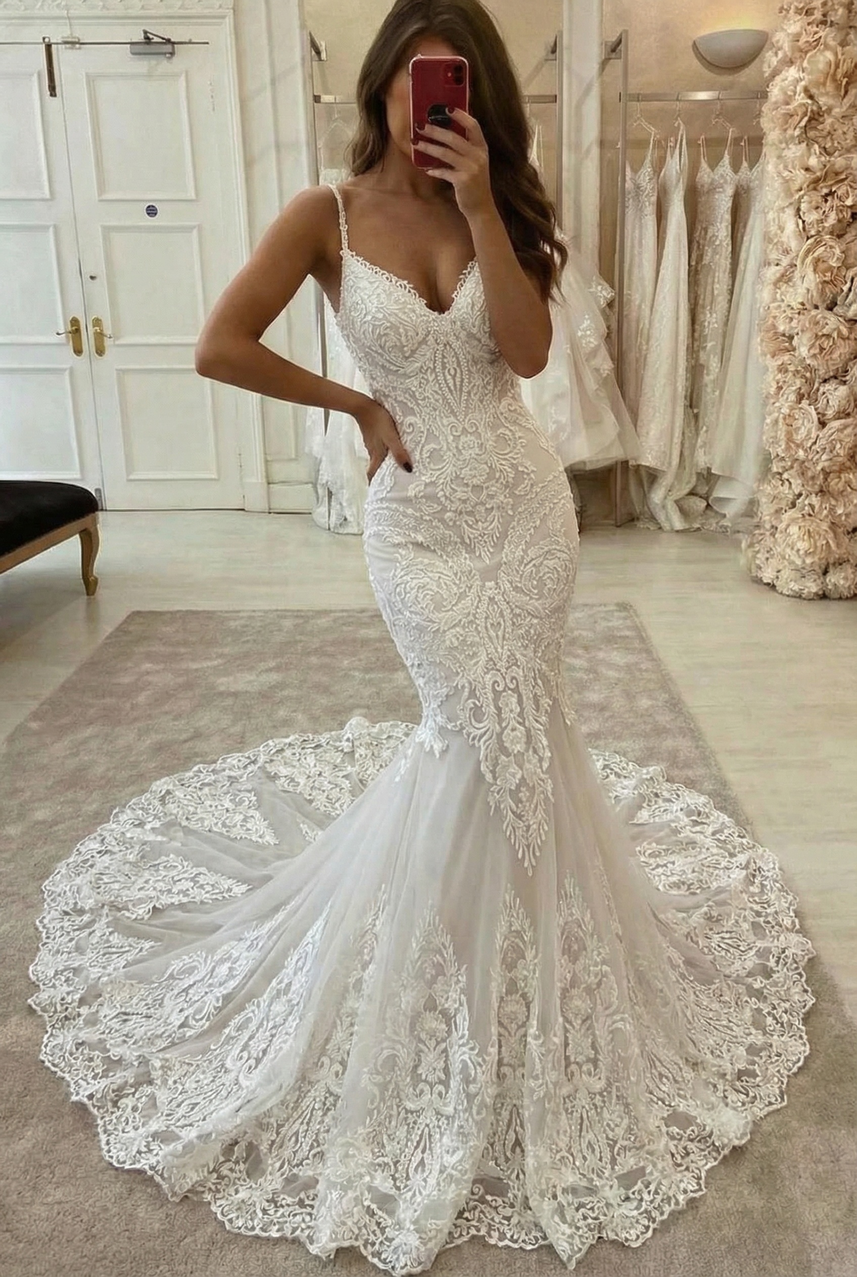Long Sweetheart Open Back Appliques Lace Tulle Mermaid Wedding Dress