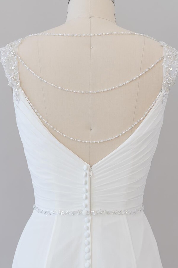 Elegant Long Tulle Lace Ruffle Beading Chiffon Sheath Wedding Dress