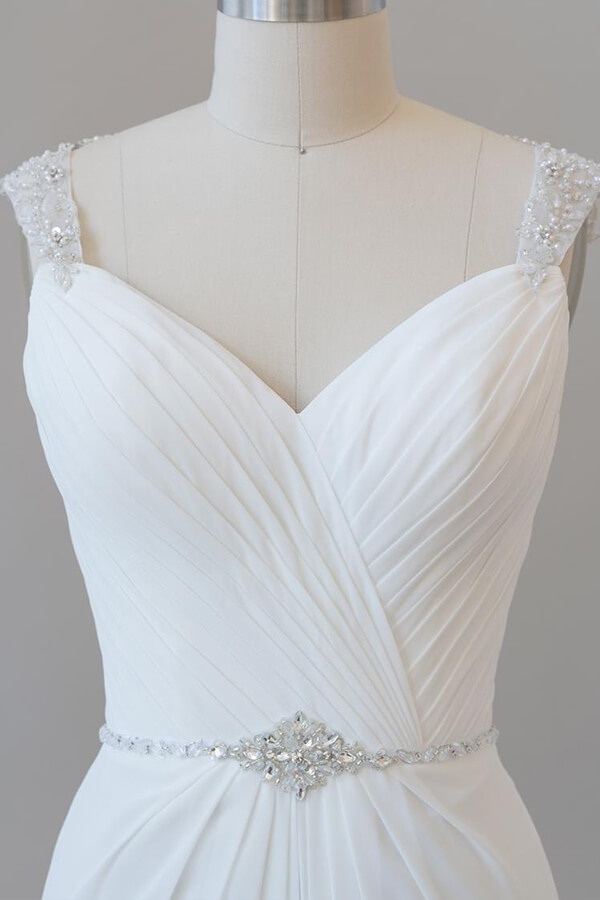 Elegant Long Tulle Lace Ruffle Beading Chiffon Sheath Wedding Dress