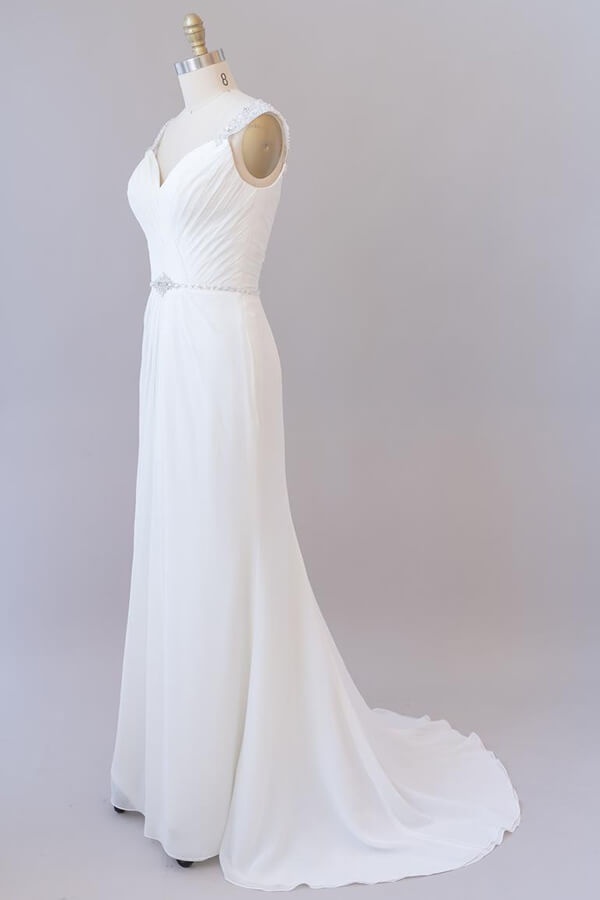 Elegant Long Tulle Lace Ruffle Beading Chiffon Sheath Wedding Dress