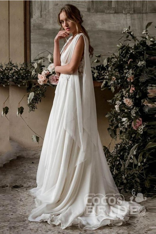 Elegant Long V-Neck A-Line Chiffon Ruffles Wedding Dresses