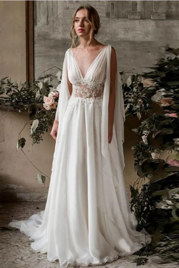 Elegant Long V-Neck A-Line Chiffon Ruffles Wedding Dresses