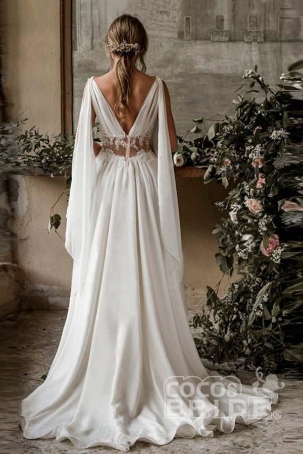 Elegant Long V-Neck A-Line Chiffon Ruffles Wedding Dresses