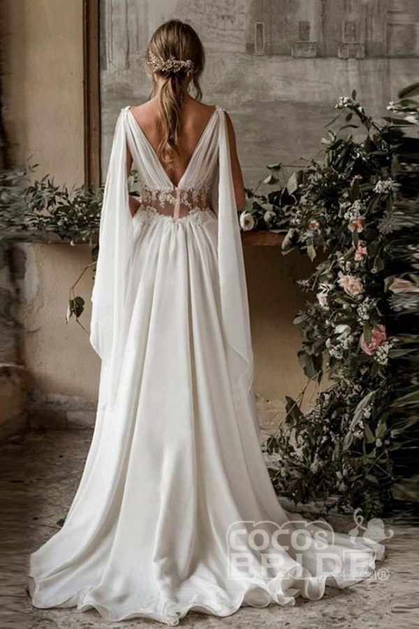 Elegant Long V-Neck A-Line Chiffon Ruffles Wedding Dresses