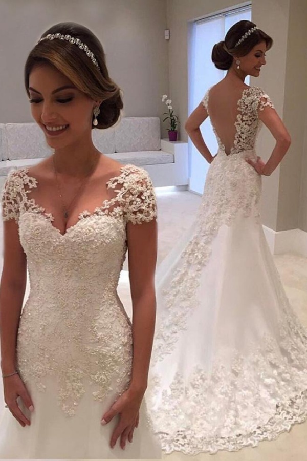 Elegant Long V-Neck Short Sleeves Lace Mermaid Open Back Wedding Dresses