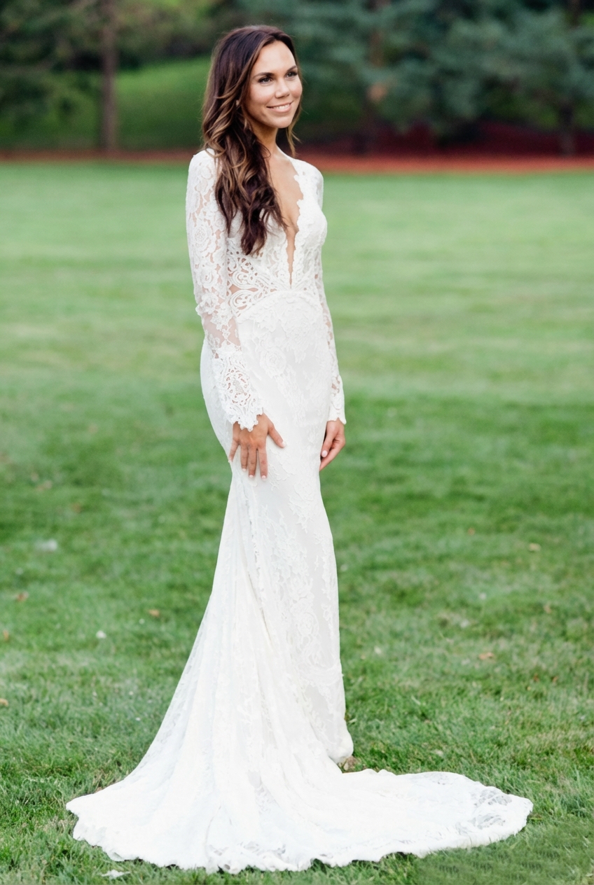 Elegant Mermaid Backless Long Sleeves V-neck Lace Wedding Dress