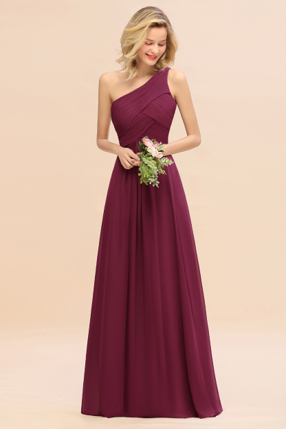 Elegant Mulberry A-line Chiffon Ruffles One Shoulder Long Bridesmaid Dress