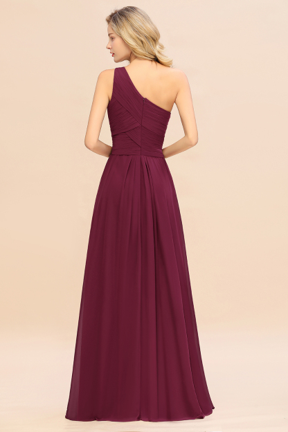 Elegant Mulberry A-line Chiffon Ruffles One Shoulder Long Bridesmaid Dress