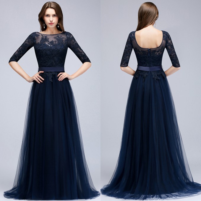 Elegant Navy Half-Sleeves Lace Bridesmaid Dresses with Appliques