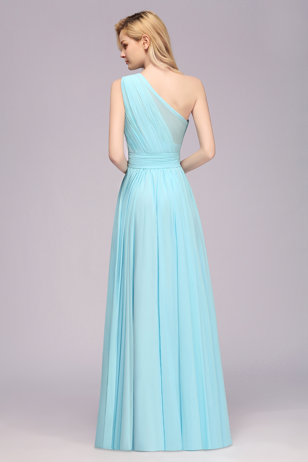 Elegant One Shoulder A-line Chiffon Ruched High Low Garden Bridesmaid Dresses