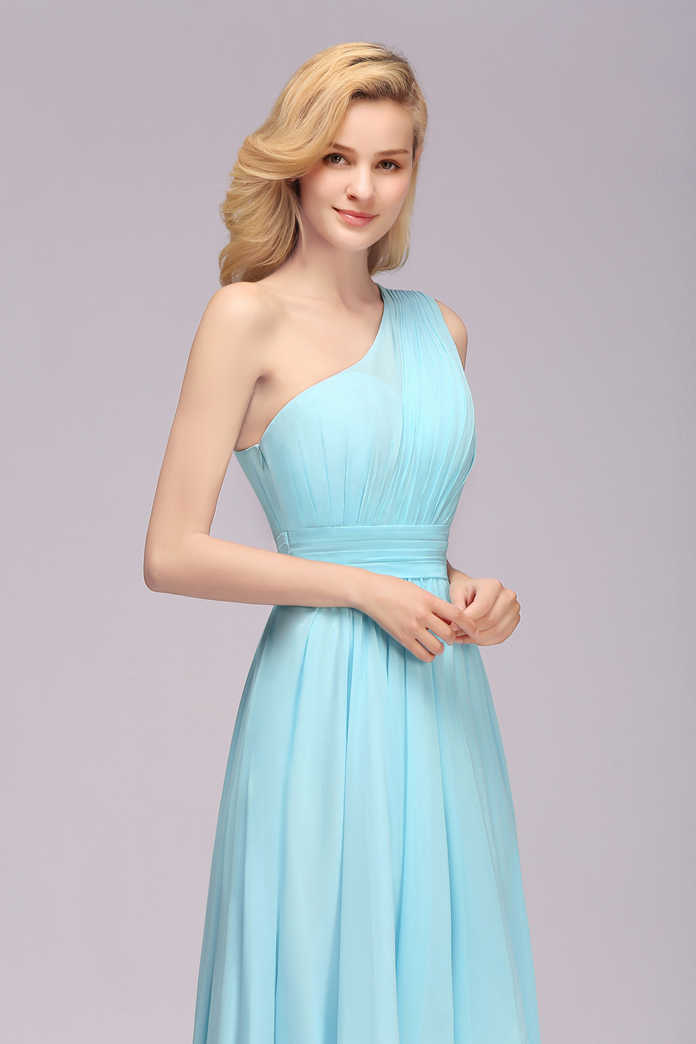 Elegant One Shoulder A-line Chiffon Ruched High Low Garden Bridesmaid Dresses