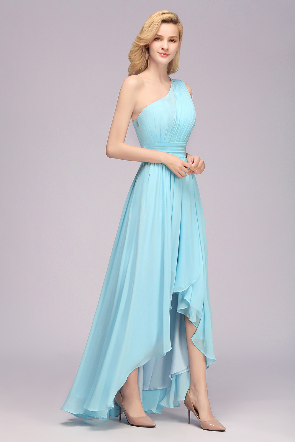 Elegant One Shoulder A-line Chiffon Ruched High Low Garden Bridesmaid Dresses