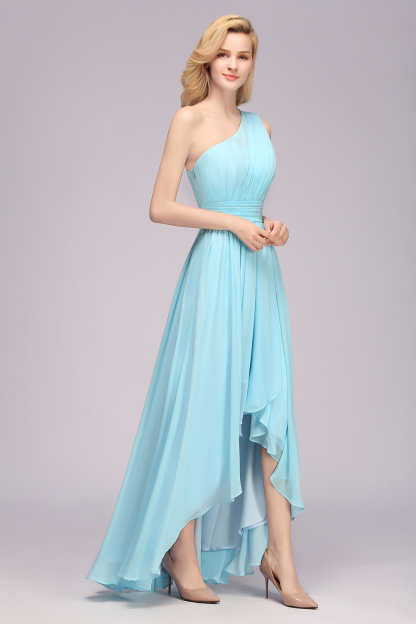 Elegant One Shoulder A-line Chiffon Ruched High Low Garden Bridesmaid Dresses