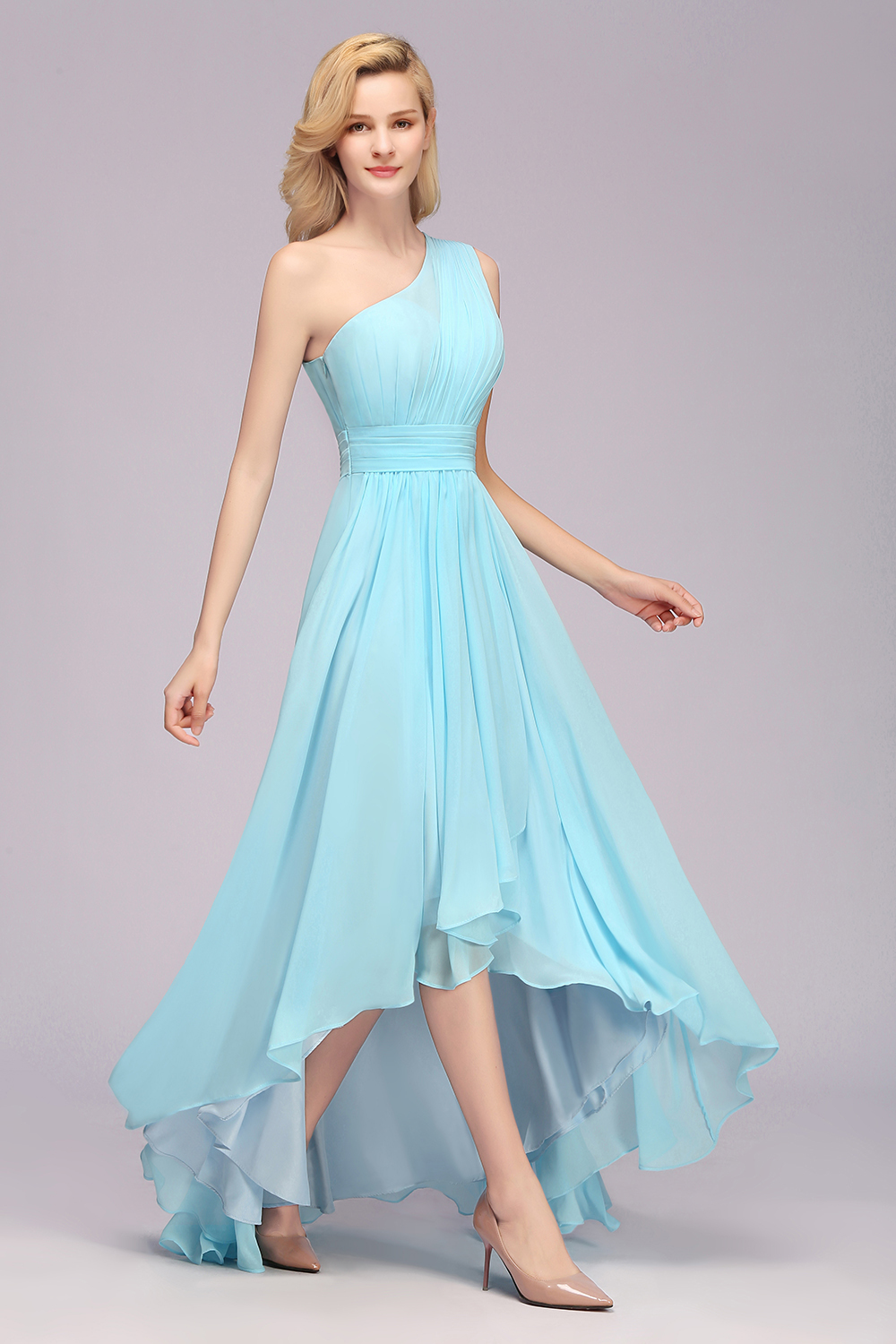 Elegant One Shoulder A-line Chiffon Ruched High Low Garden Bridesmaid Dresses