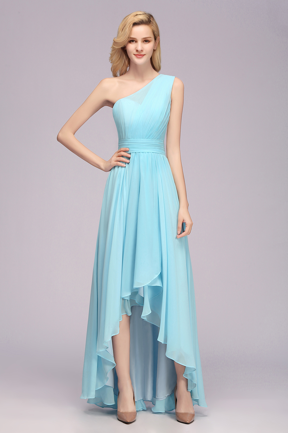 Elegant One Shoulder A-line Chiffon Ruched High Low Garden Bridesmaid Dresses