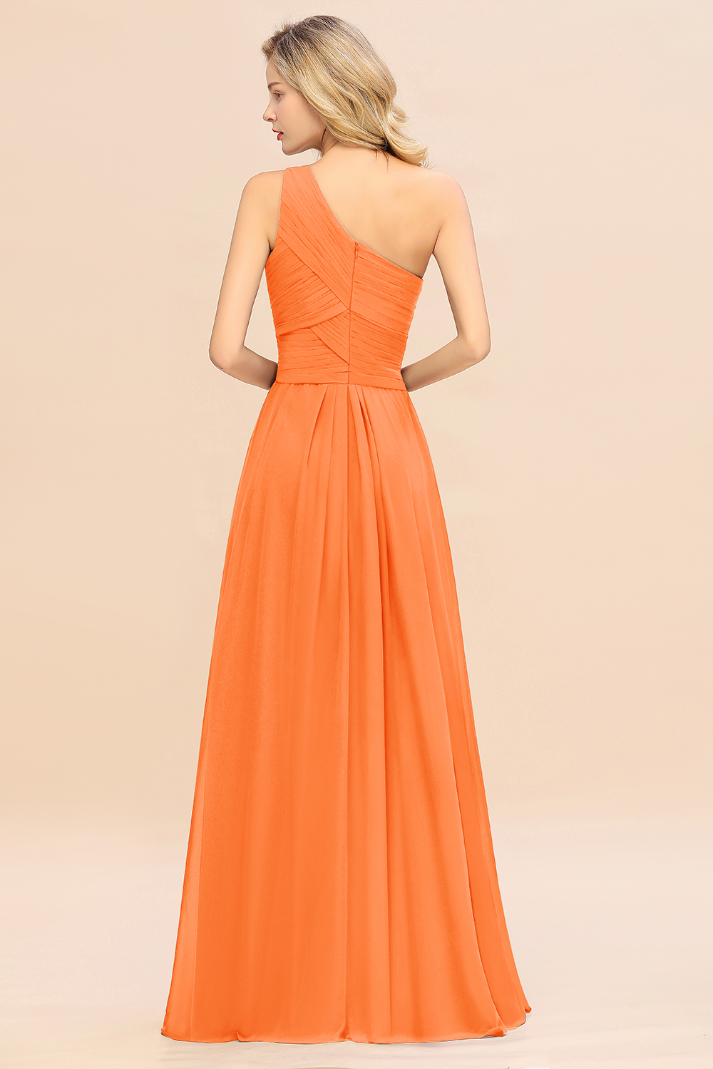 Elegant Orange A-line Chiffon Ruffles One Shoulder Long Bridesmaid Dress