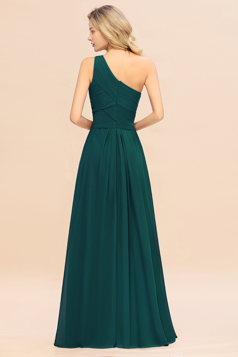 Elegant Peacock A-line Chiffon Ruffles One Shoulder Long Bridesmaid Dress