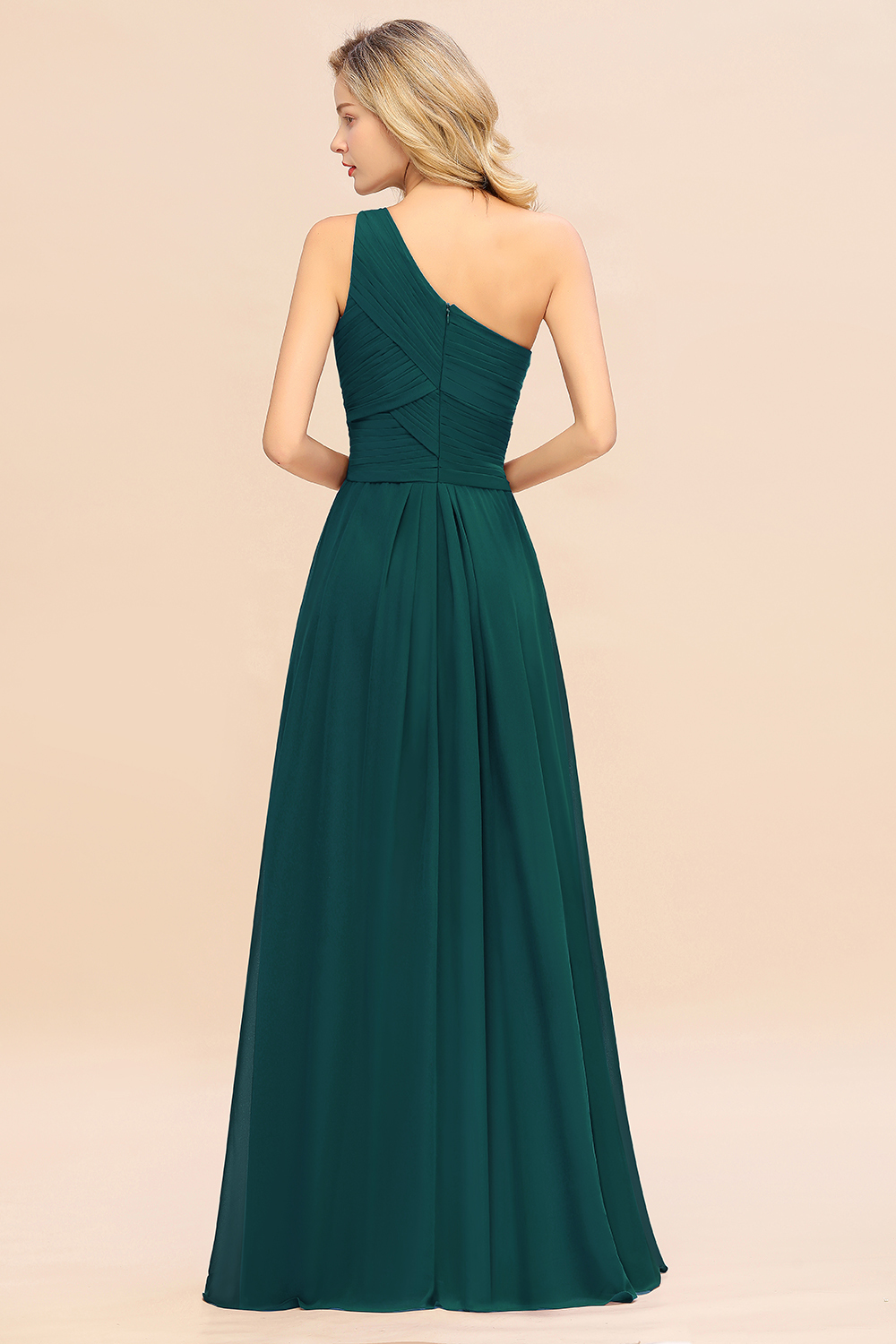 Elegant Peacock A-line Chiffon Ruffles One Shoulder Long Bridesmaid Dress