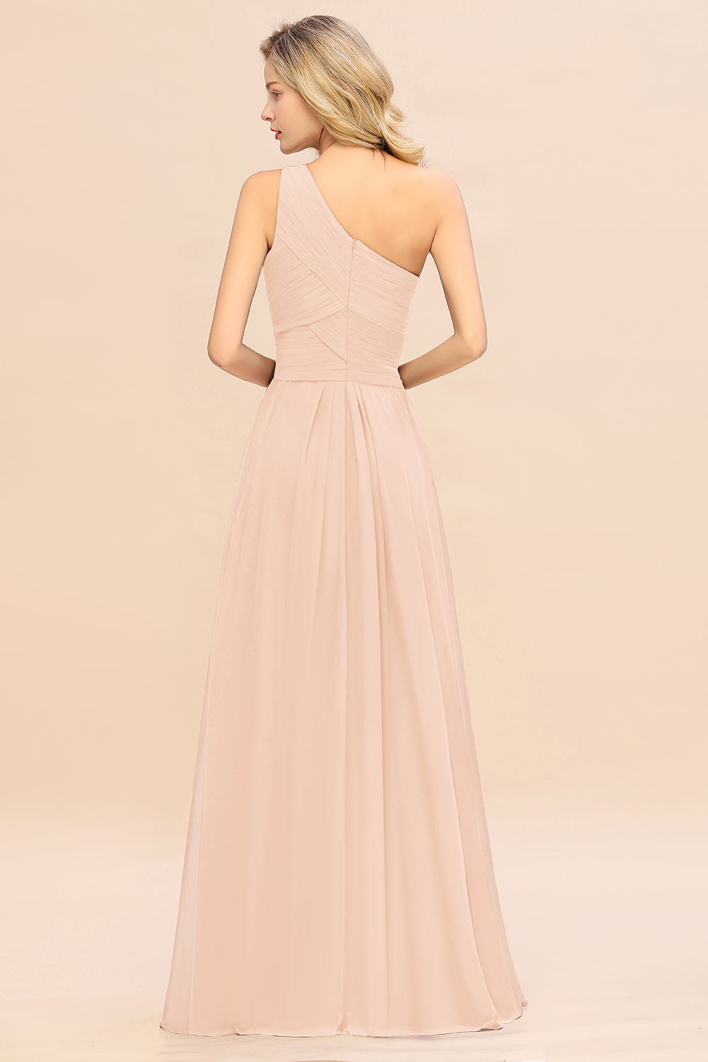 Elegant Pearl Pink A-line Chiffon Ruffles One Shoulder Long Bridesmaid Dress