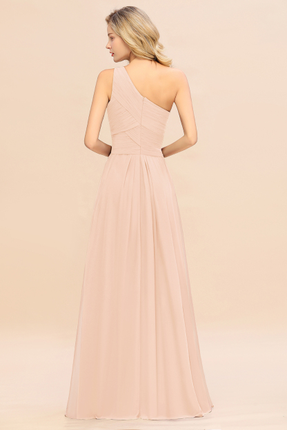 Elegant Pearl Pink A-line Chiffon Ruffles One Shoulder Long Bridesmaid Dress