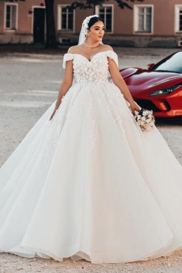 Elegant Plus Size Ball Gown Off the Shoulder Tulle Lace Long Wedding Dresses