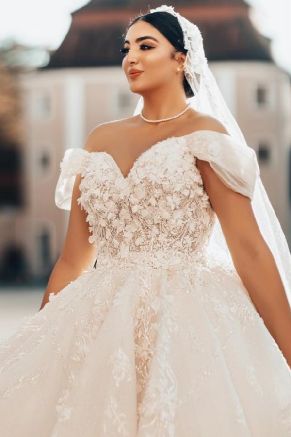 Elegant Plus Size Ball Gown Off the Shoulder Tulle Lace Long Wedding Dresses