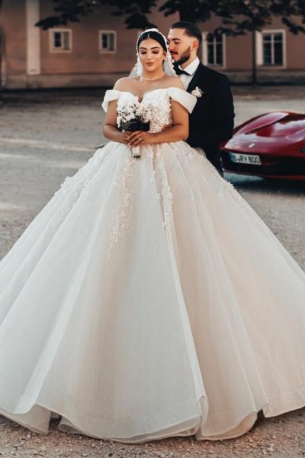 Elegant Plus Size Ball Gown Off the Shoulder Tulle Lace Long Wedding Dresses