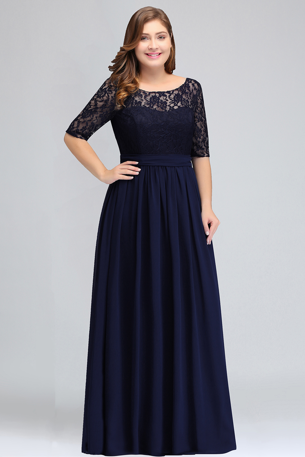 Elegant Plus Size Half-Sleeves Lace Bridesmaid Dresses with Bow