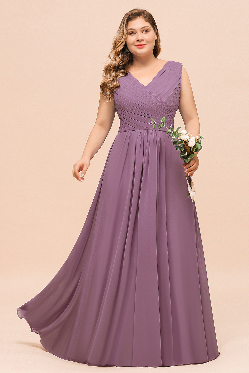 Elegant Plus size Long A-line V-neck Sleeveless Chiffon Wisteria Bridesmaid Dress