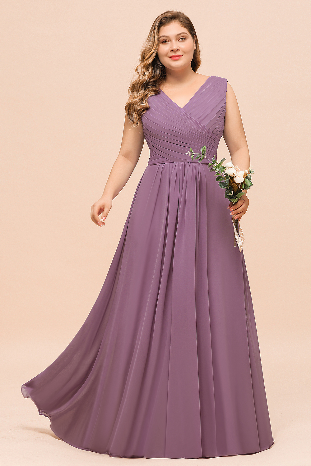 Elegant Plus size Long A-line V-neck Sleeveless Chiffon Wisteria Bridesmaid Dress