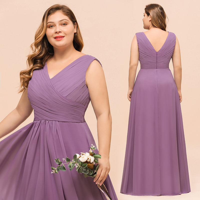 Elegant Plus size Long A-line V-neck Sleeveless Chiffon Wisteria Bridesmaid Dress