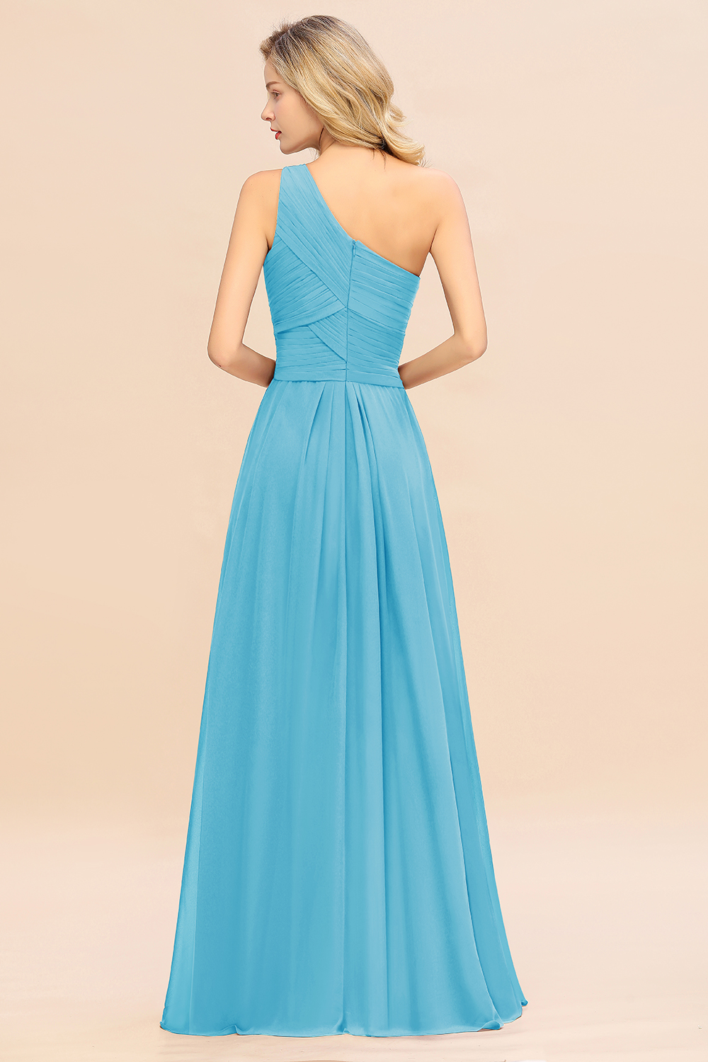 Elegant Pool A-line Chiffon Ruffles One Shoulder Long Bridesmaid Dress
