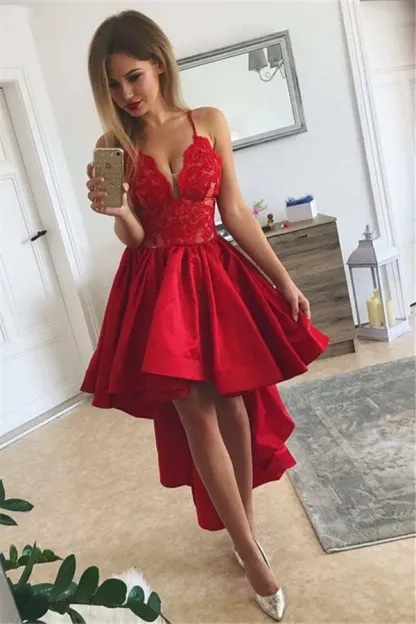 Elegant Red High Low A-line V-neck Appliques Lace Satin Homecoming Dresses