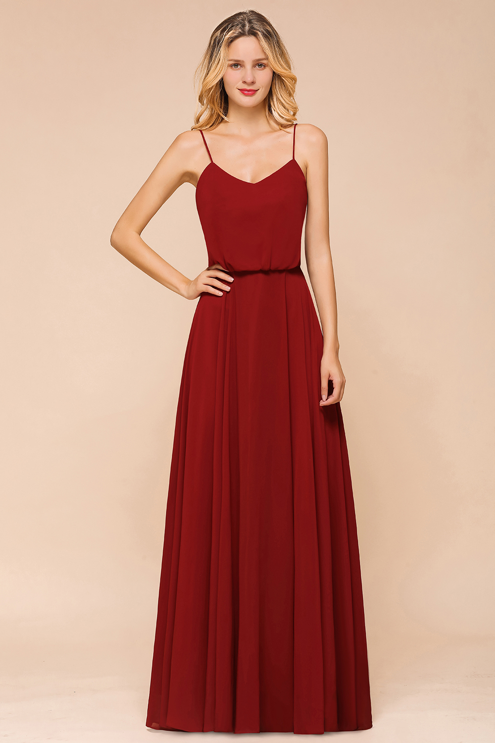 Elegant Red Spaghetti Straps Sweetheart A-line Chiffon Floor-length Bridesmaid Dress