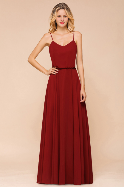 Elegant Red Spaghetti Straps Sweetheart A-line Chiffon Floor-length Bridesmaid Dress