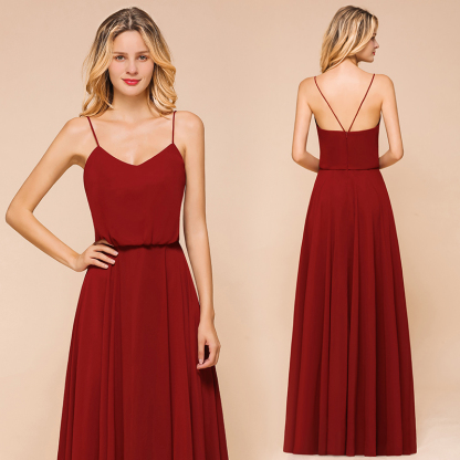 Elegant Red Spaghetti Straps Sweetheart A-line Chiffon Floor-length Bridesmaid Dress
