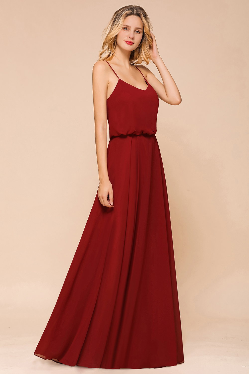 Elegant Red Spaghetti Straps Sweetheart A-line Chiffon Floor-length Bridesmaid Dress
