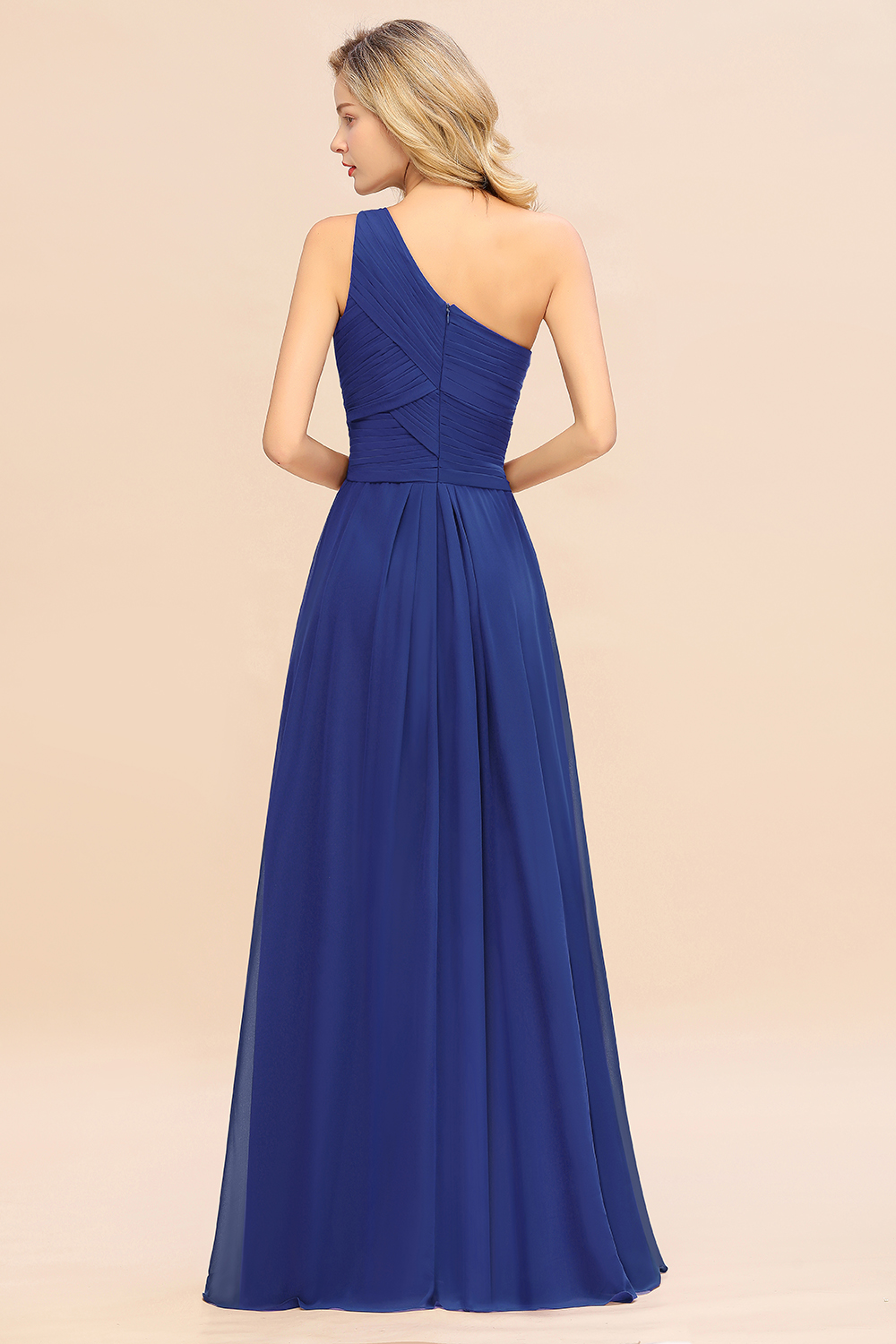 Elegant Royal Blue A-line Chiffon Ruffles One Shoulder Long Bridesmaid Dress