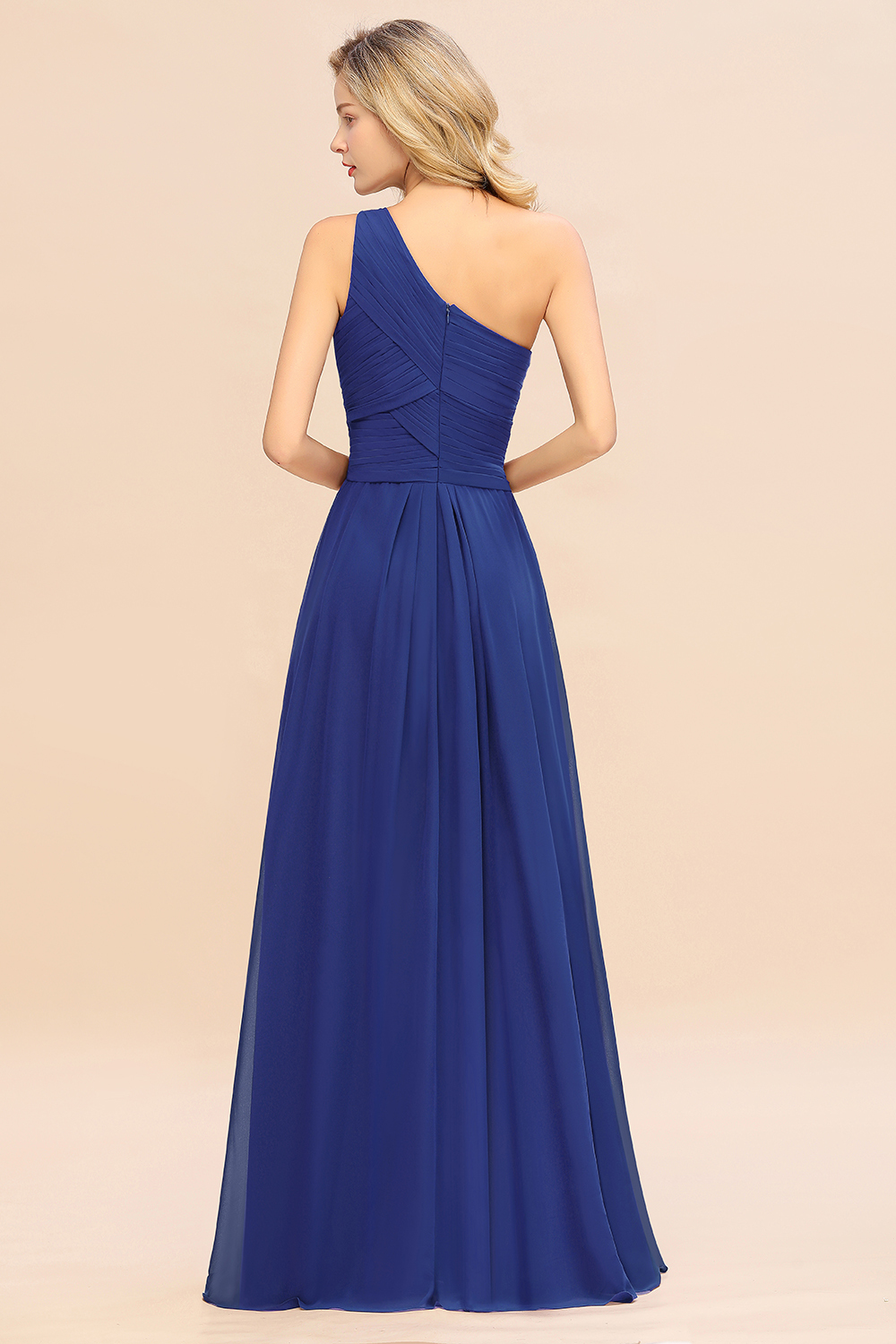 Elegant Royal Blue A-line Chiffon Ruffles One Shoulder Long Bridesmaid Dress