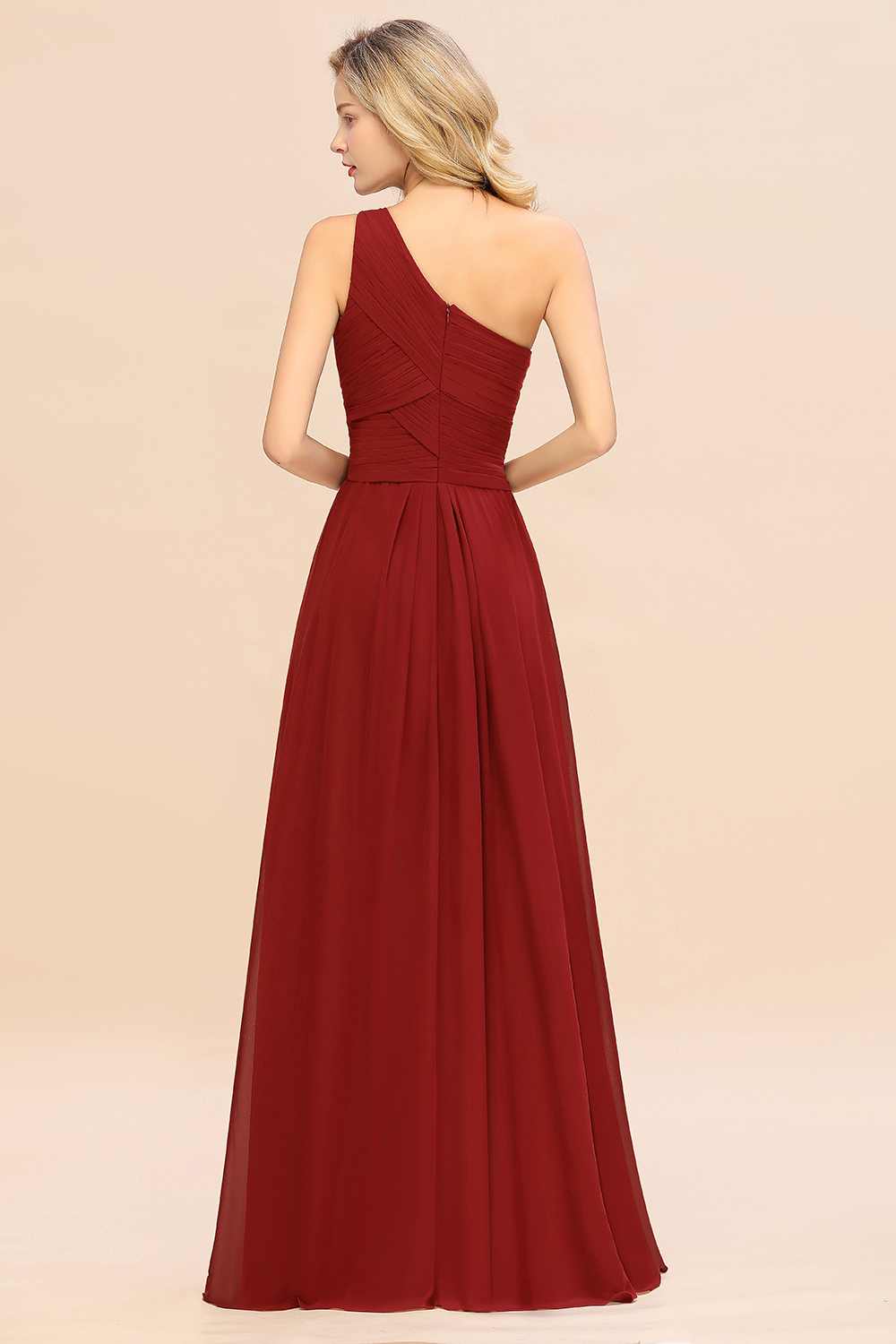 Elegant Rust A-line Chiffon Ruffles One Shoulder Long Bridesmaid Dress