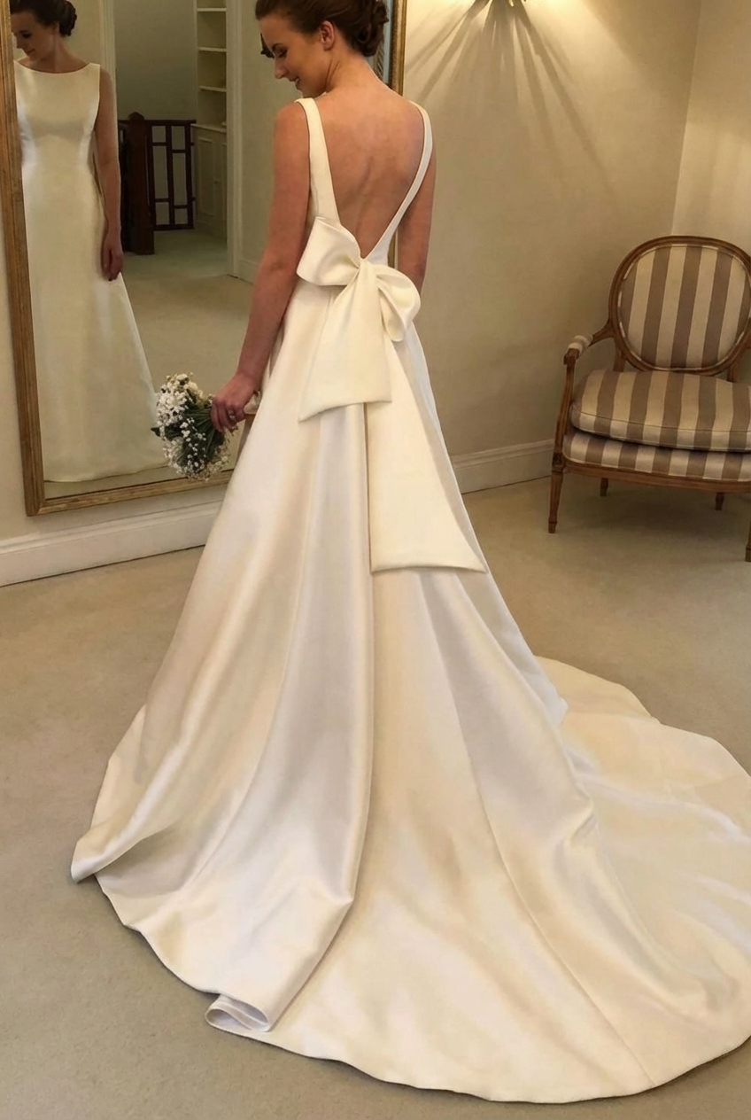 Elegant Satin A Line Long Backless Wedding Dress