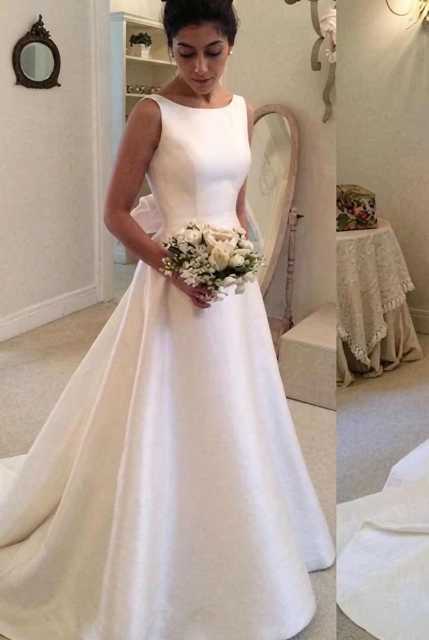 Elegant Satin A Line Long Backless Wedding Dress