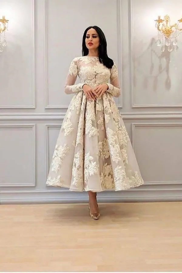 Elegant Short A-line High Neck Lace Ankle Length Prom Dress with Sleeves