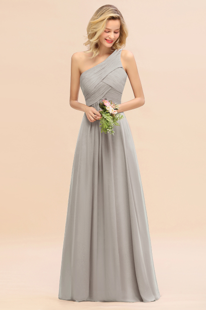 Elegant Silver A-line Chiffon Ruffles One Shoulder Long Bridesmaid Dress