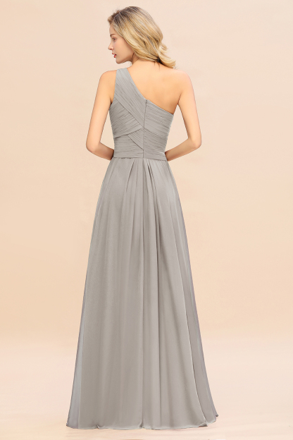 Elegant Silver A-line Chiffon Ruffles One Shoulder Long Bridesmaid Dress
