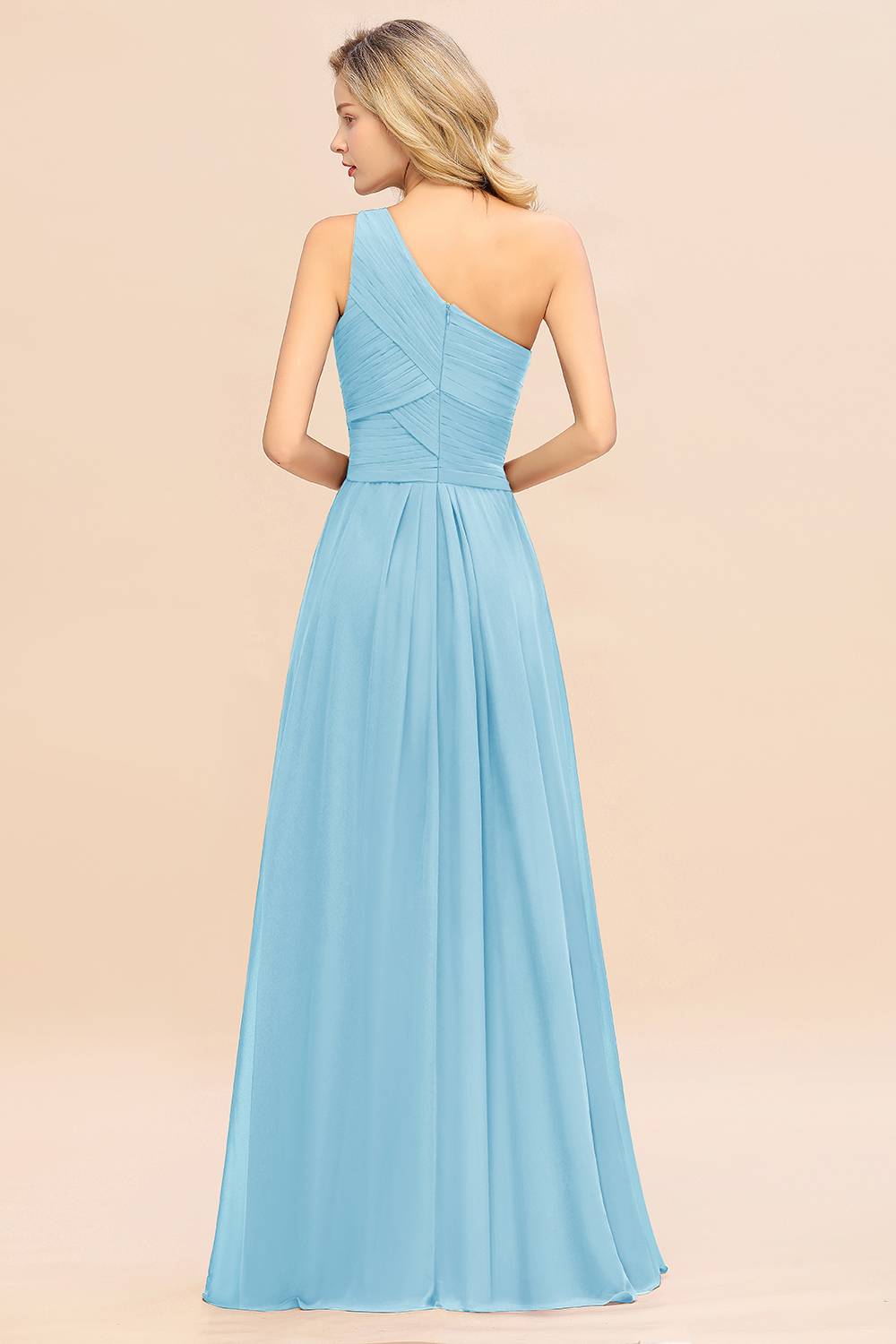 Elegant Sky Blue A-line Chiffon Ruffles One Shoulder Long Bridesmaid Dress