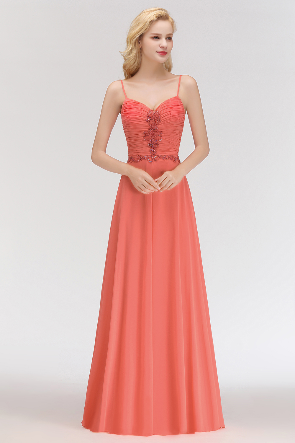 BM0084 Elegant Spaghetti Straps Ruffles Appliques Bridesmaid Dress